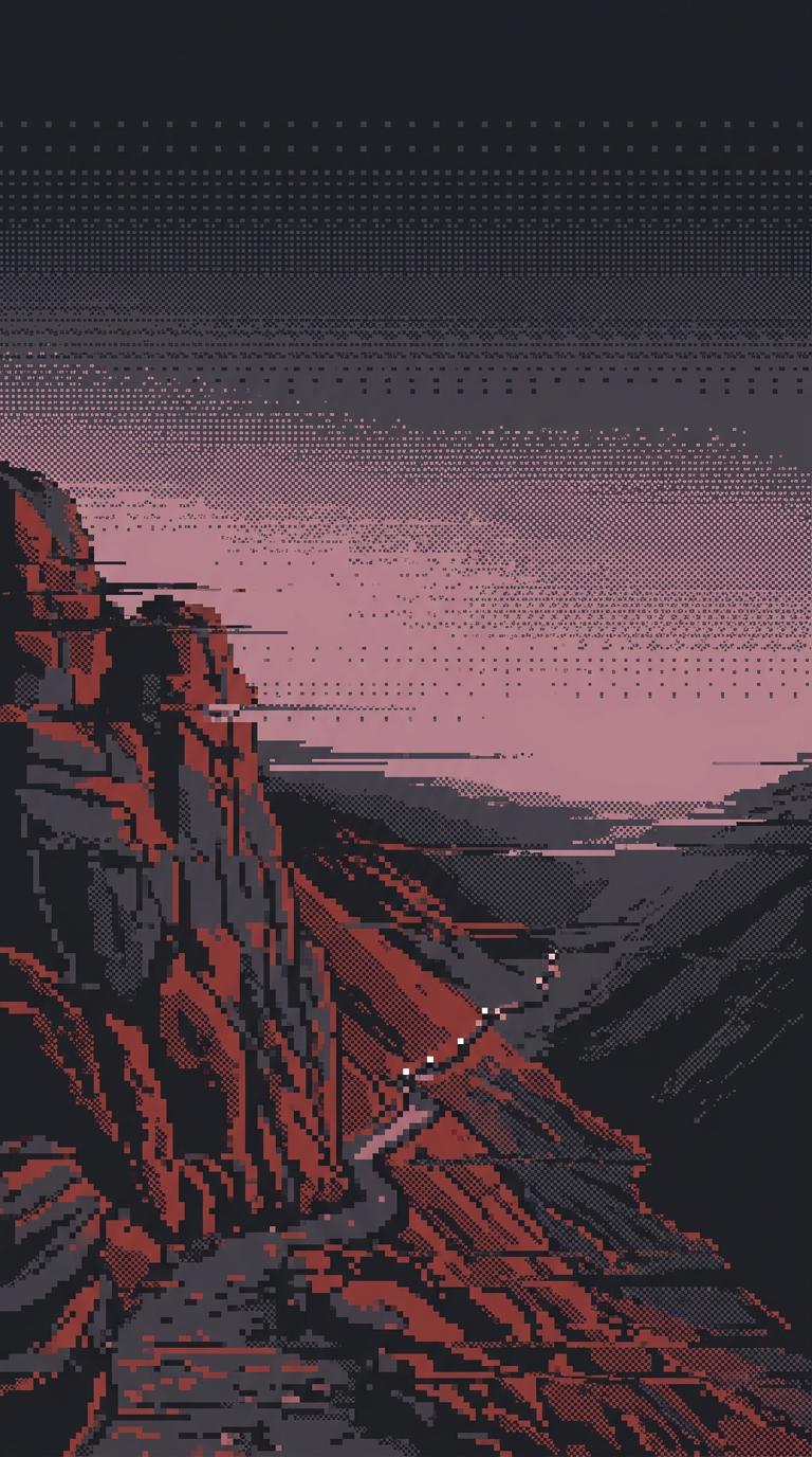 Vallée en pixel art au crépuscule, avec un sentier et quelques lumières de frontales